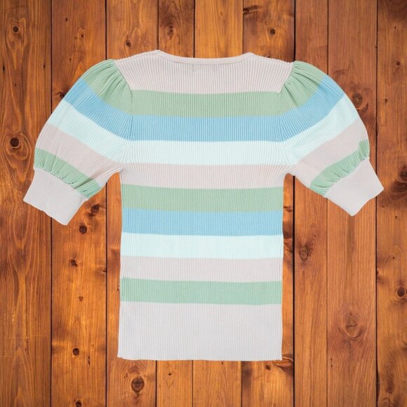 Tahari Pastel Sweater Women's Striped Colorful with Bubble Cuff Sleeves Sz Small - Picture 2 of 3